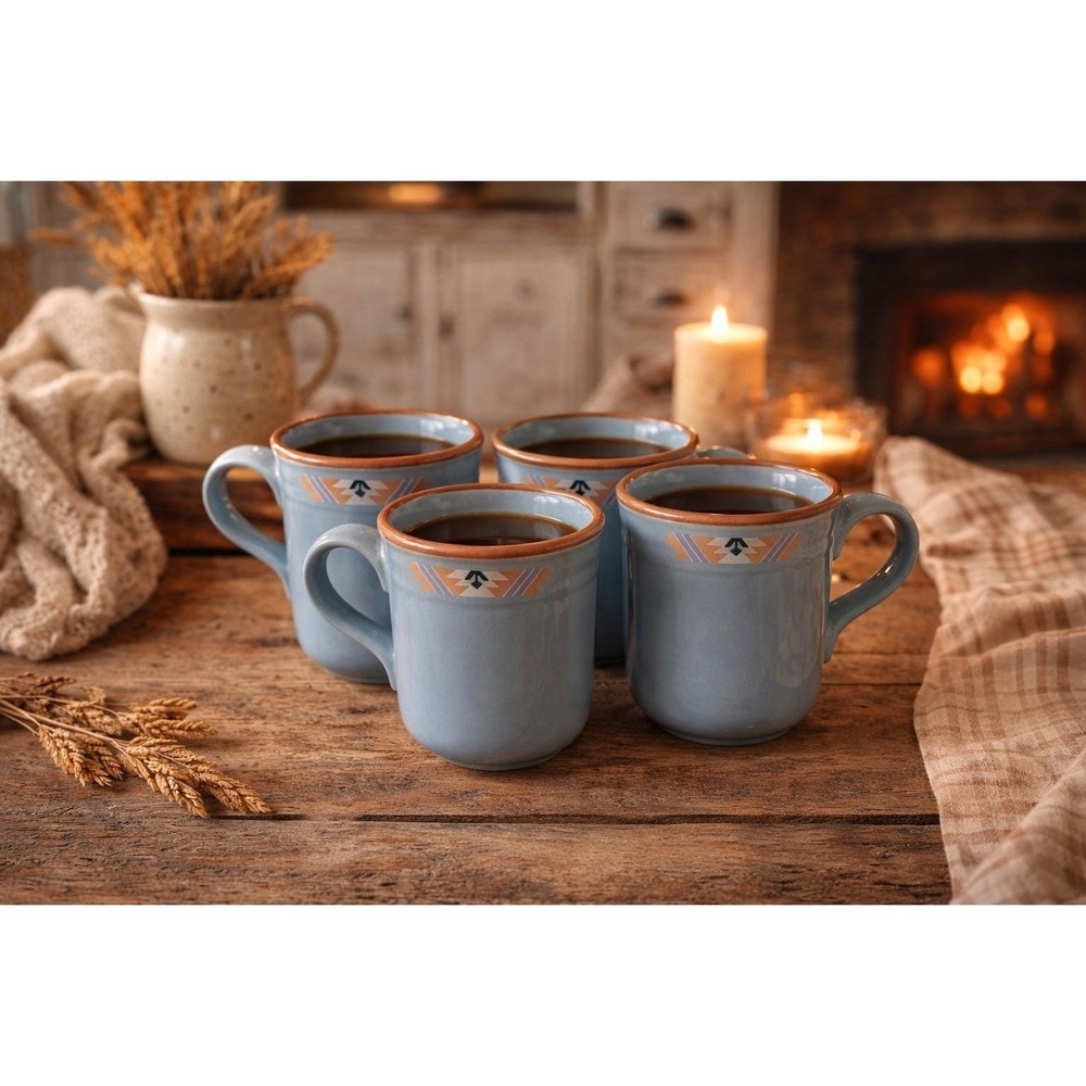 Noritake (4) Stoneware Mugs Blue Adobe Aztec Design Coffee Tea Cup Southwestern